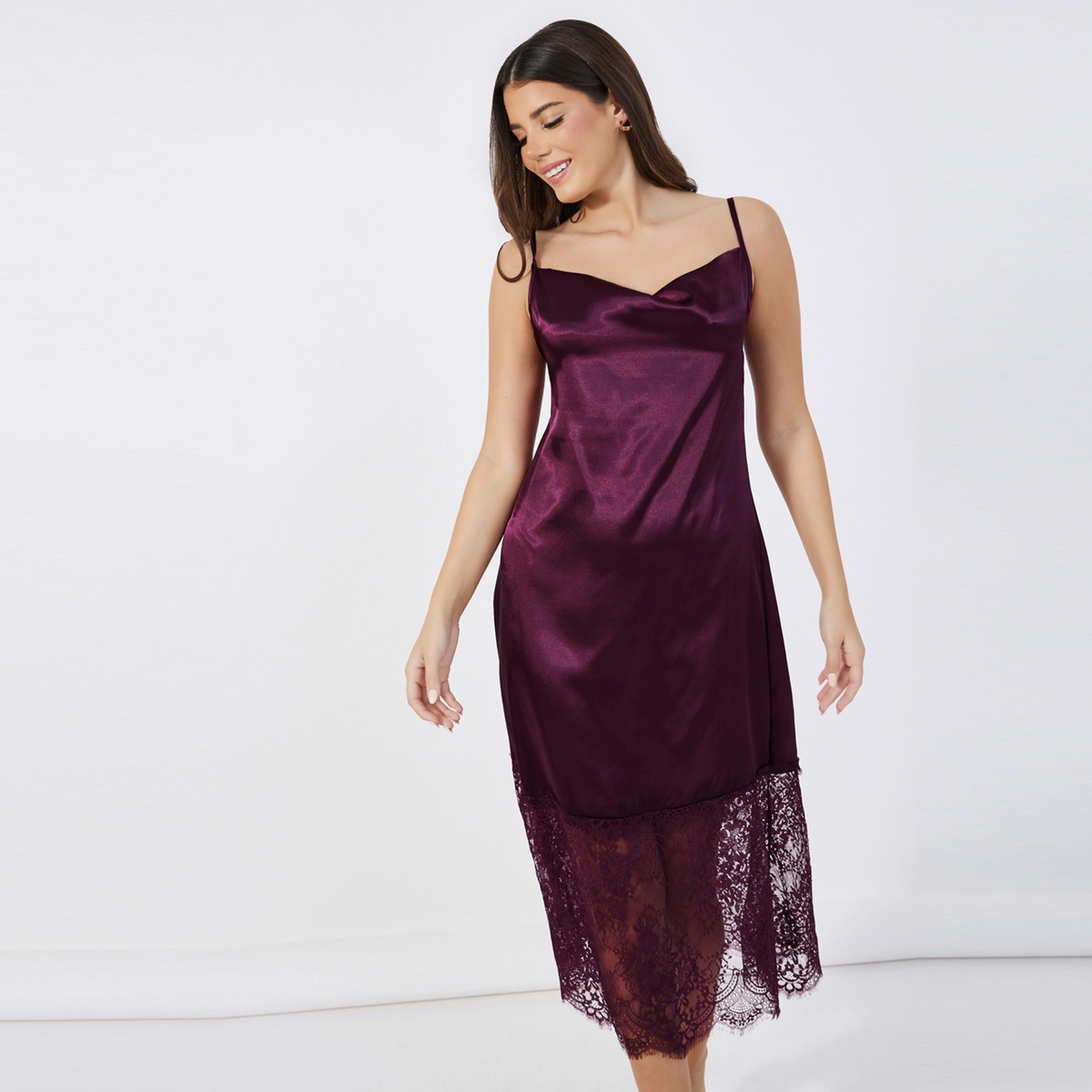 Styli Unwind Satin Cowl Neck Cami Lace Detail Slip Dress-women-clothing-nightwear-nighties-image-2