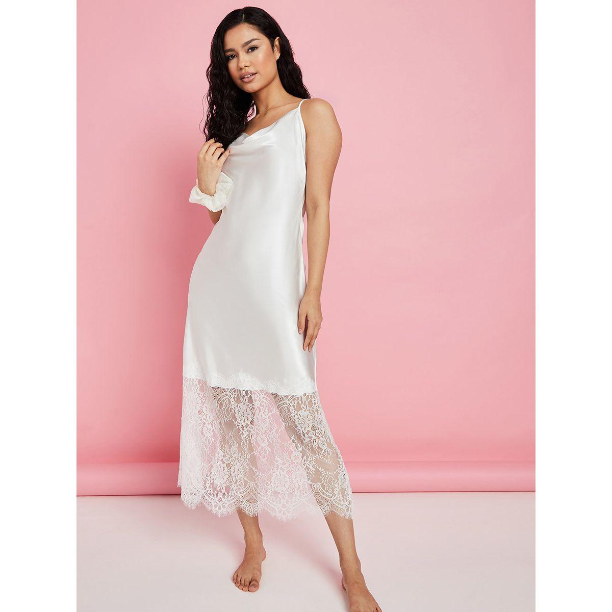 Styli Satin Cowl Neck Cami Lace Detail Midi Slip Dress-women-clothing-nightwear-nighties-image-2