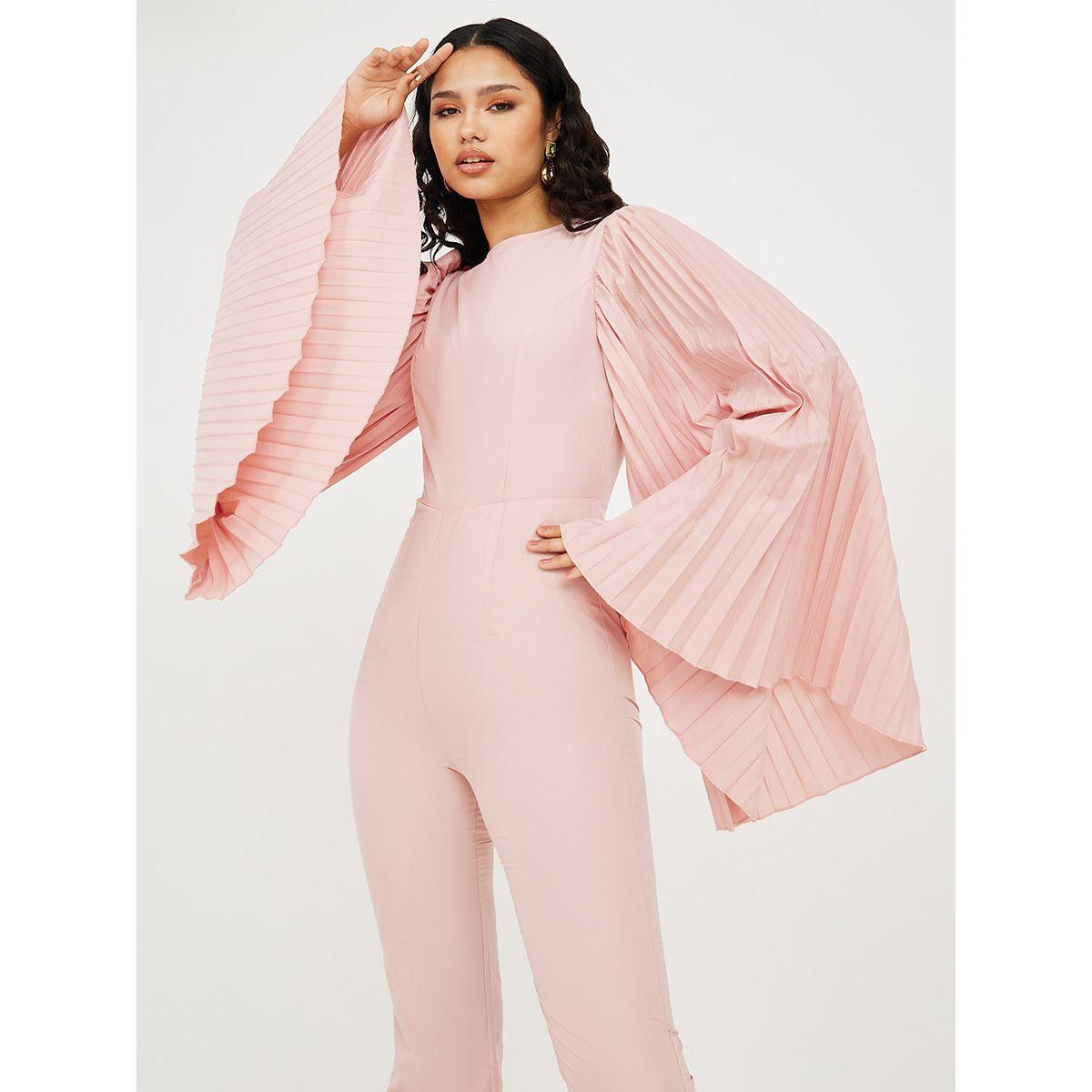 Styli Extreme Bell Pleated Sleeves Round Neck Flare Jumpsuit-women-clothing-jumpsuits-image-1