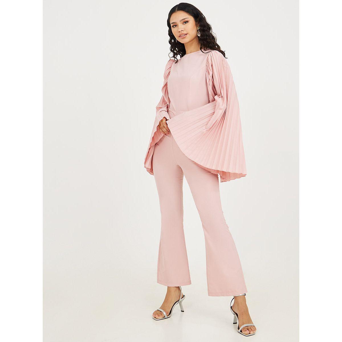 Styli Extreme Bell Pleated Sleeves Round Neck Flare Jumpsuit-women-clothing-jumpsuits-image-2