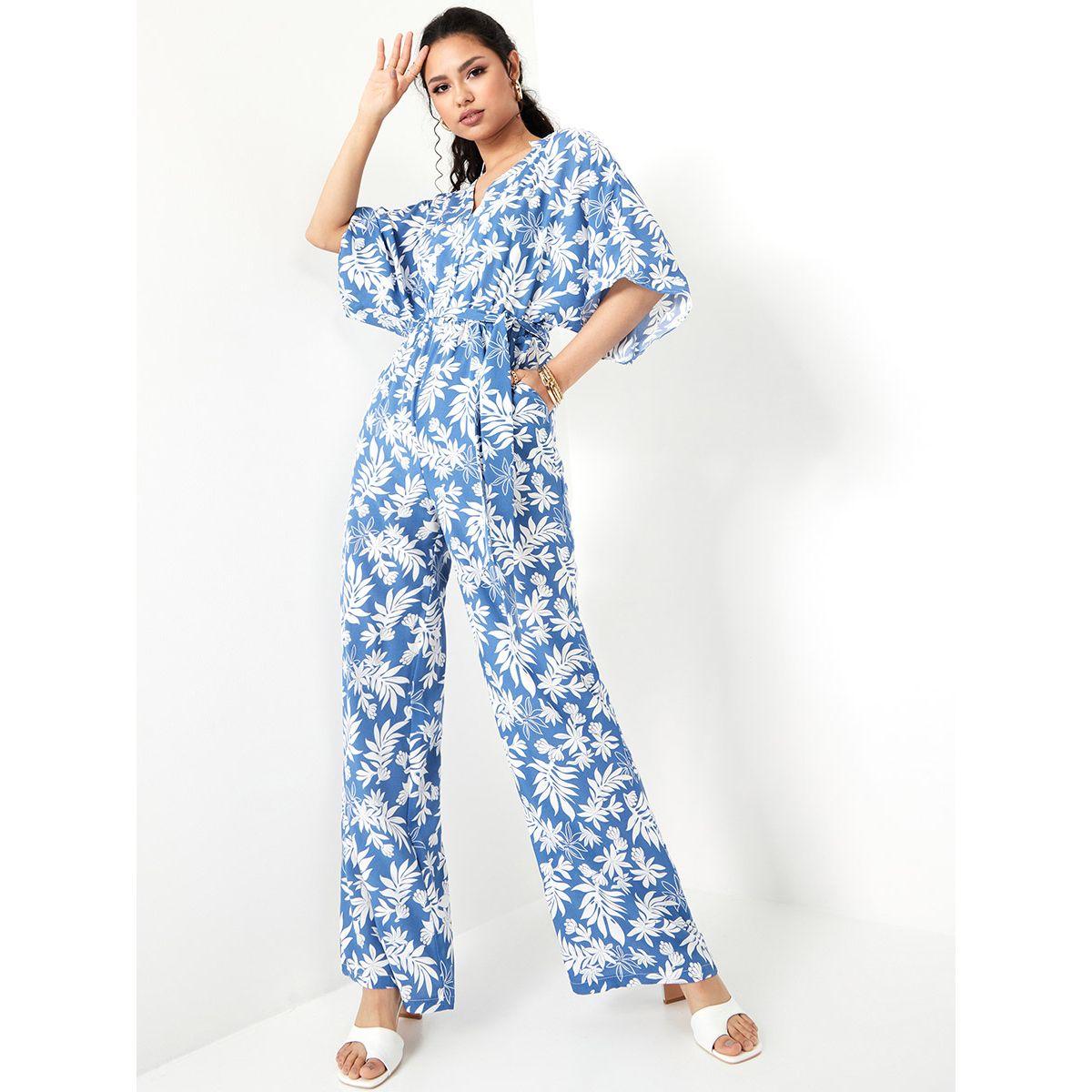 Styli Leaf AOP Wide Leg Wrap Jumpsuit with Waist Tie Up-women-clothing-jumpsuits-image-1