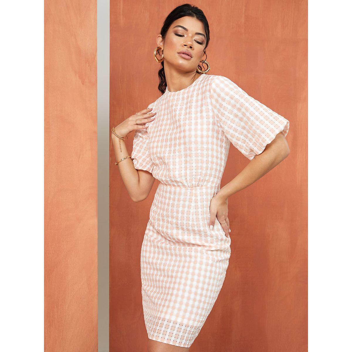 Styli Half Puff Sleeves Gingham Check Sheath Knee Length Dress-women-clothing-dresses-image-1