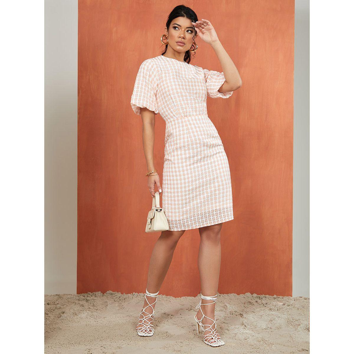 Styli Half Puff Sleeves Gingham Check Sheath Knee Length Dress-women-clothing-dresses-image-2