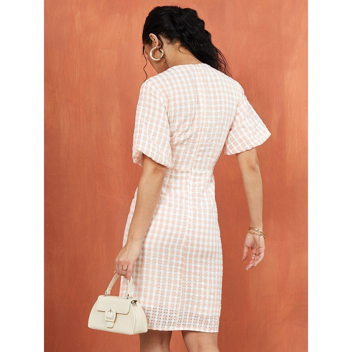 Styli Half Puff Sleeves Gingham Check Sheath Knee Length Dress-women-clothing-dresses-image-4