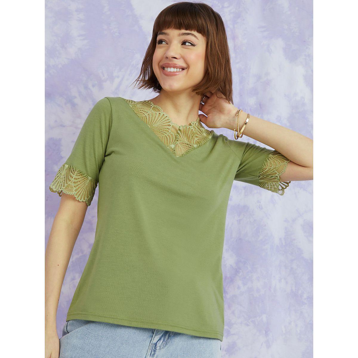 Styli Short Sleeves V Neck Regular Fit T-shirt with Lace Insert-women-clothing-tshirts-image-1