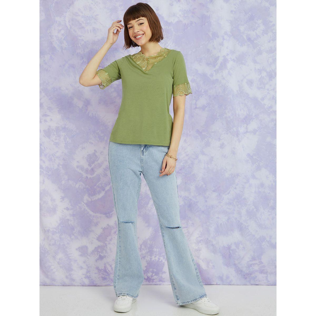 Styli Short Sleeves V Neck Regular Fit T-shirt with Lace Insert-women-clothing-tshirts-image-2