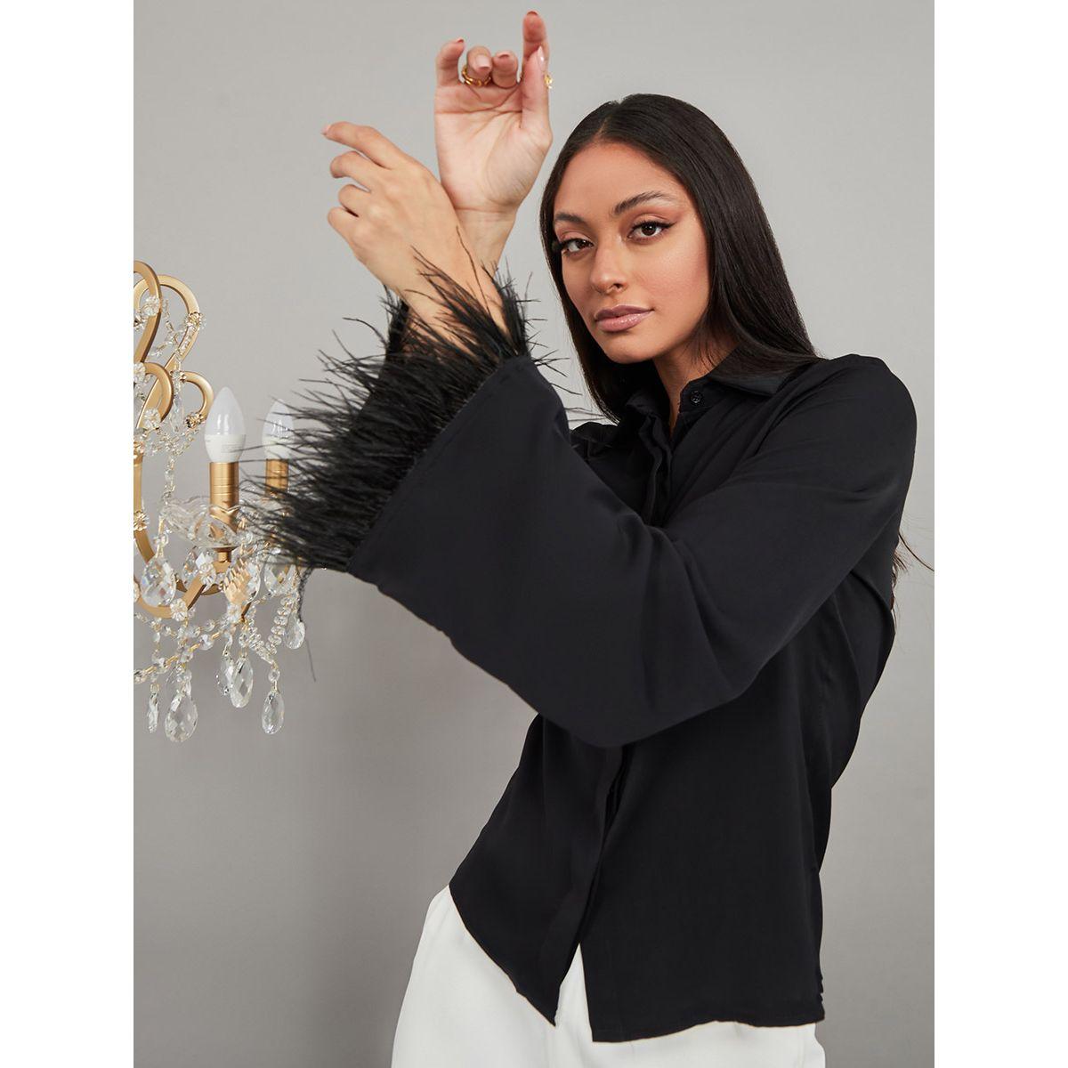 Styli Feather Trim Long Sleeves Button Up Shirt-women-clothing-shirtsandblouses-shirts-image-3