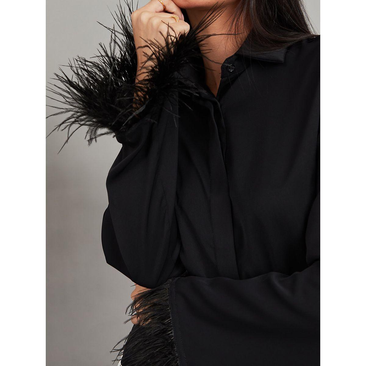 Styli Feather Trim Long Sleeves Button Up Shirt-women-clothing-shirtsandblouses-shirts-image-4