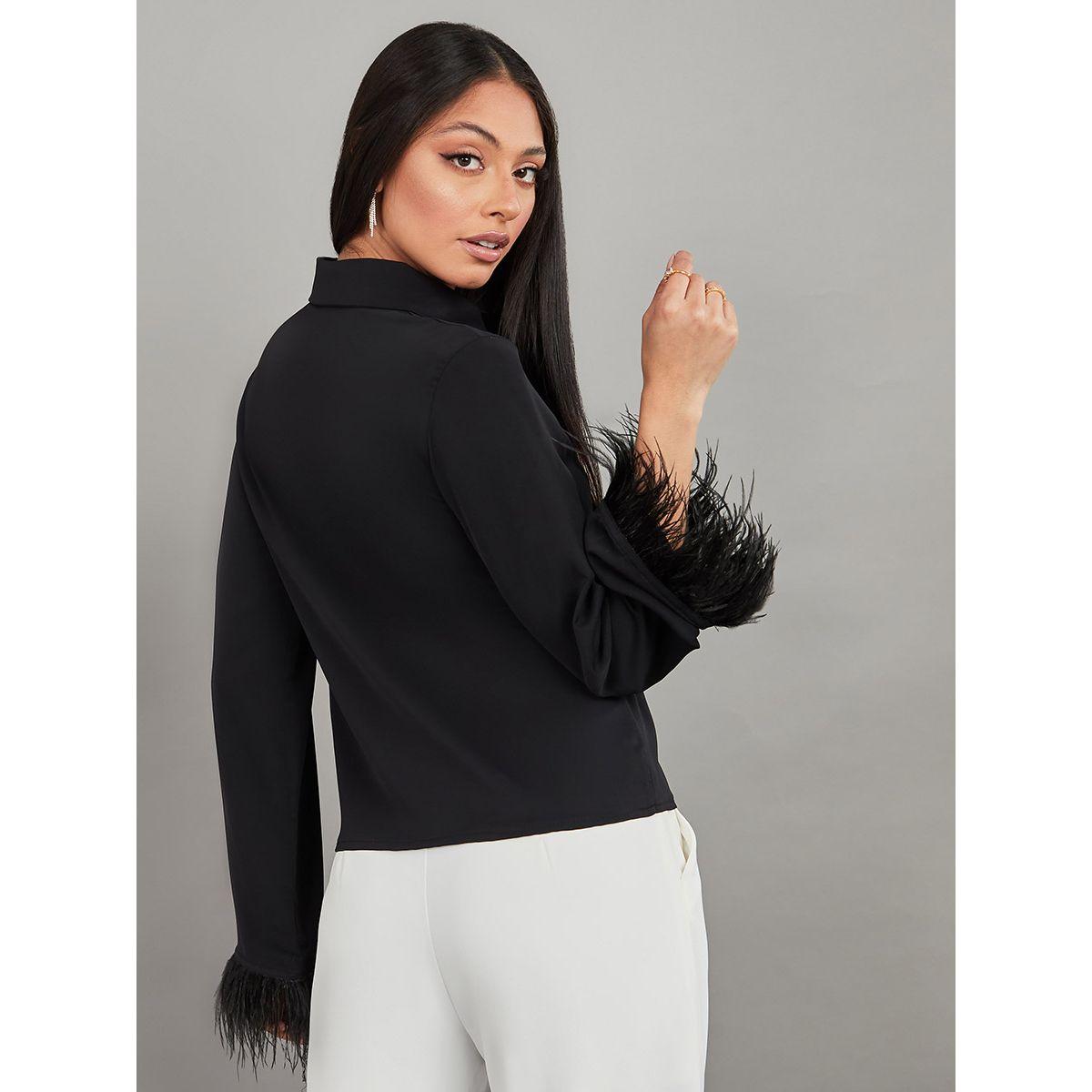 Styli Feather Trim Long Sleeves Button Up Shirt-women-clothing-shirtsandblouses-shirts-image-5