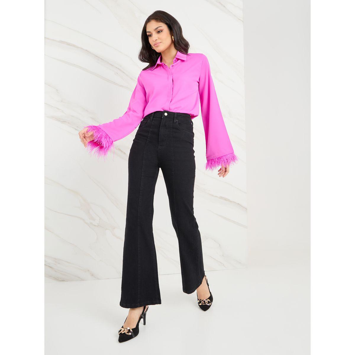 Styli Faux Feather Trim Concealed Placket Regular Fit Shirt-women-clothing-shirtsandblouses-shirts-image-2