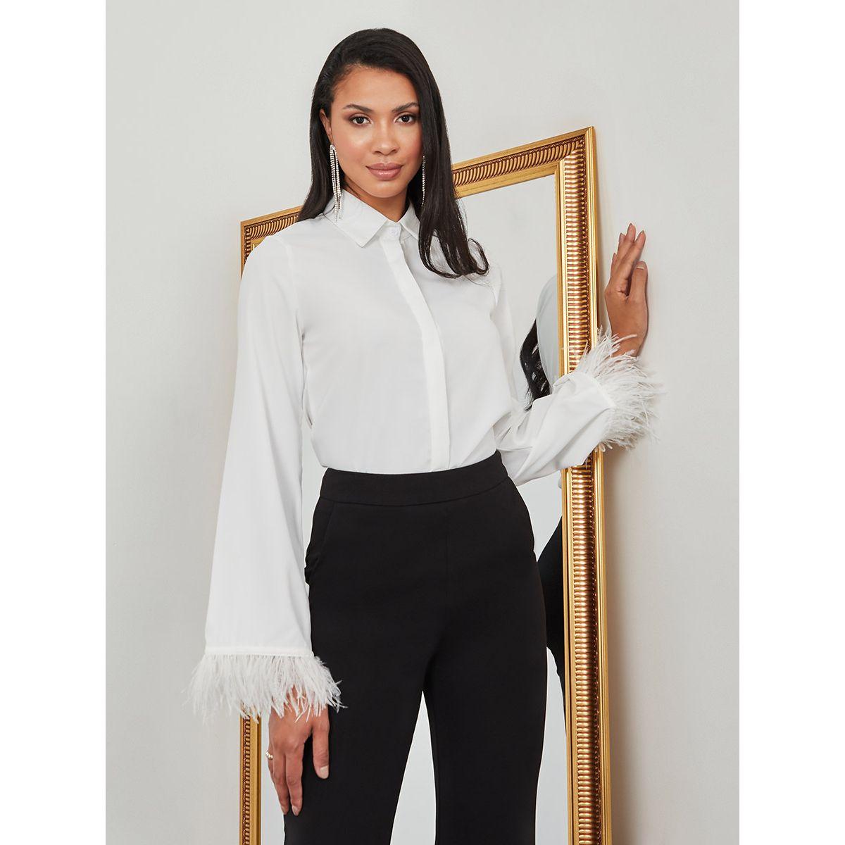Styli Feather Trim Long Sleeves Button Up Shirt-women-clothing-shirtsandblouses-shirts-image-1