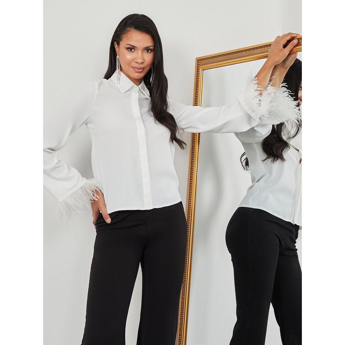 Styli Feather Trim Long Sleeves Button Up Shirt-women-clothing-shirtsandblouses-shirts-image-3