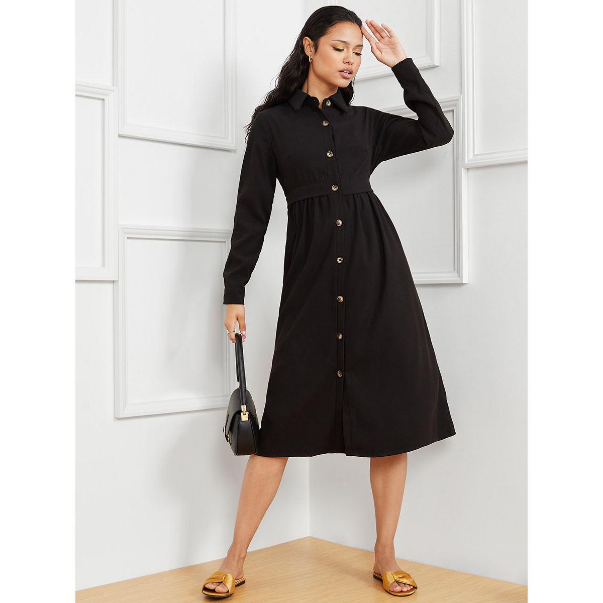 Styli Long Sleeves Front Button Detail A-Line Shirt Midi Dress-women-clothing-dresses-image-1