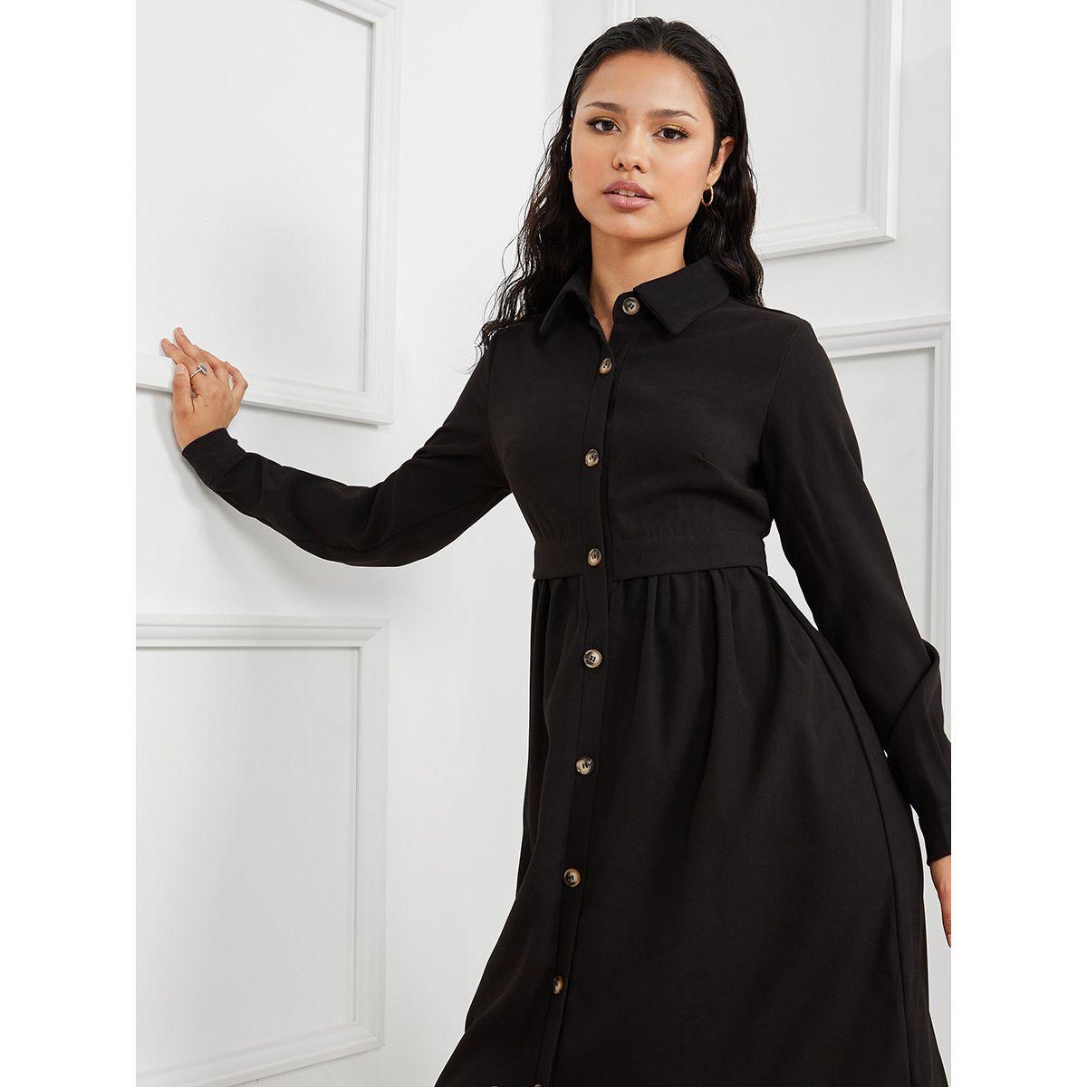 Styli Long Sleeves Front Button Detail A-Line Shirt Midi Dress-women-clothing-dresses-image-2