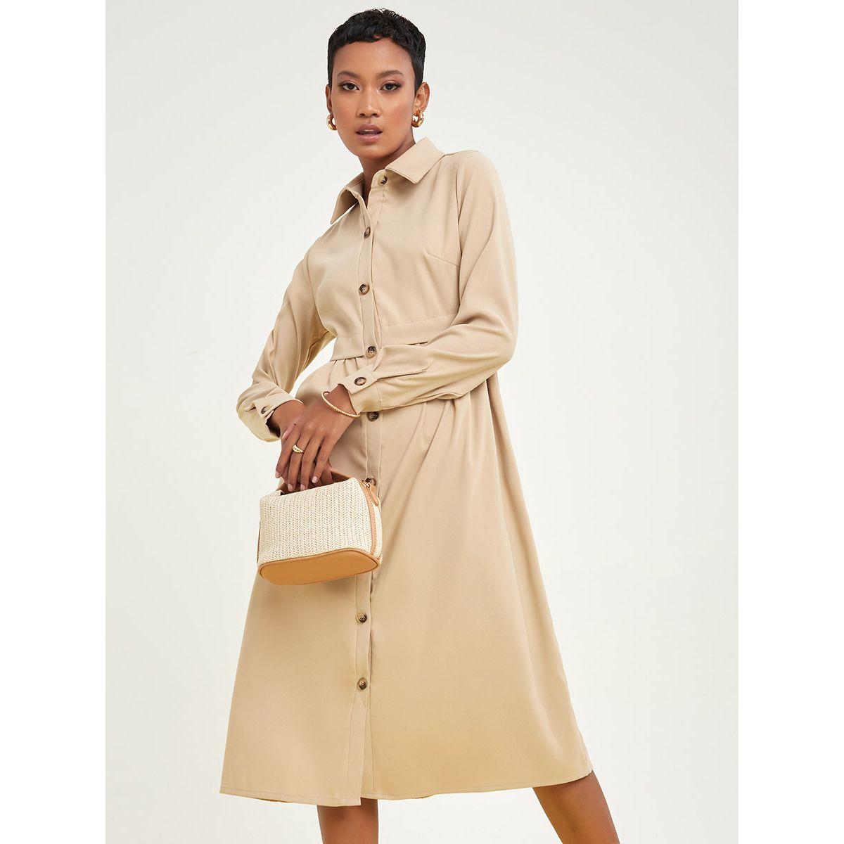 Styli Long Sleeves Front Button Detail A-Line Shirt Midi Dress-women-clothing-dresses-image-2