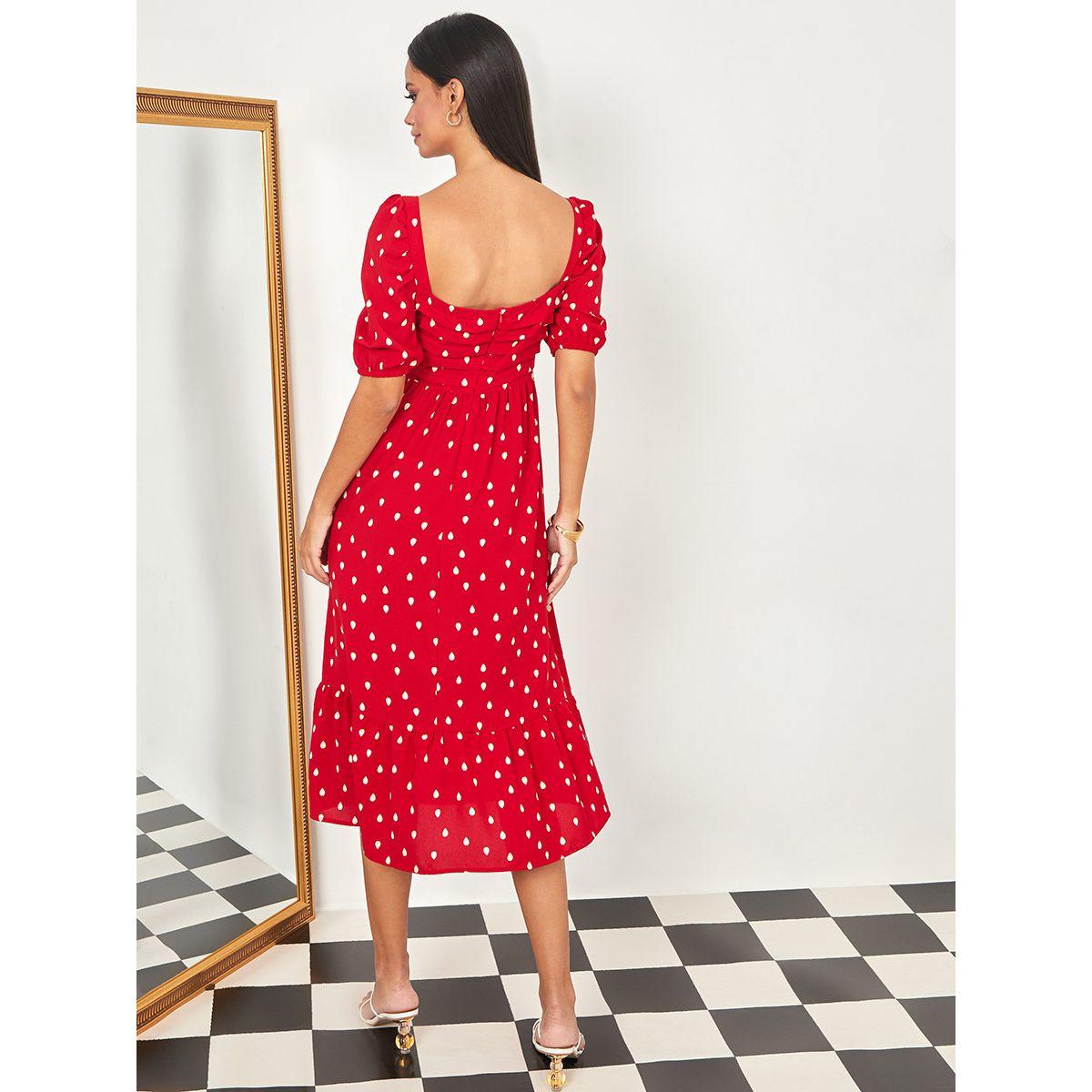 Styli Short Puff Sleeves Polka Dot A-Line Midi Dress with Pleats-women-clothing-dresses-image-1