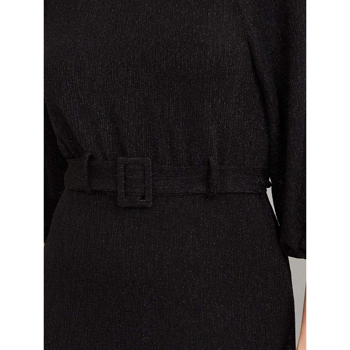 Styli 3/4 Sleeves Metallic Bodycon Midi Dress with Side Slit-women-clothing-dresses-image-3