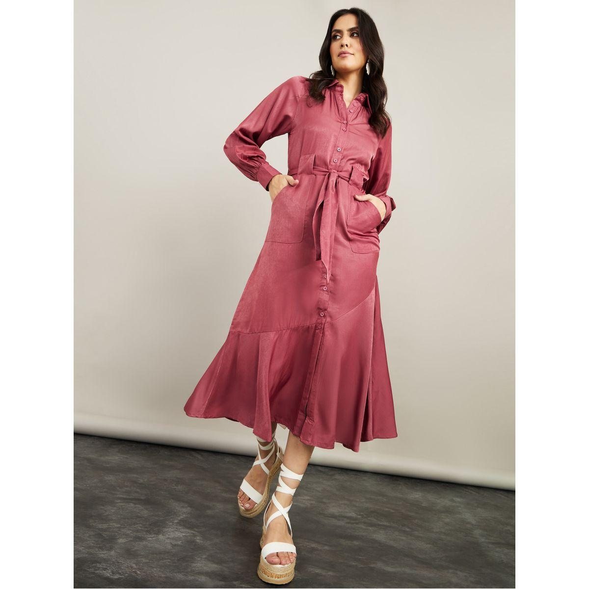 Styli Long Sleeves Front Button Detail Shirt Midi Dress with Tie Belt-women-clothing-dresses-image-1