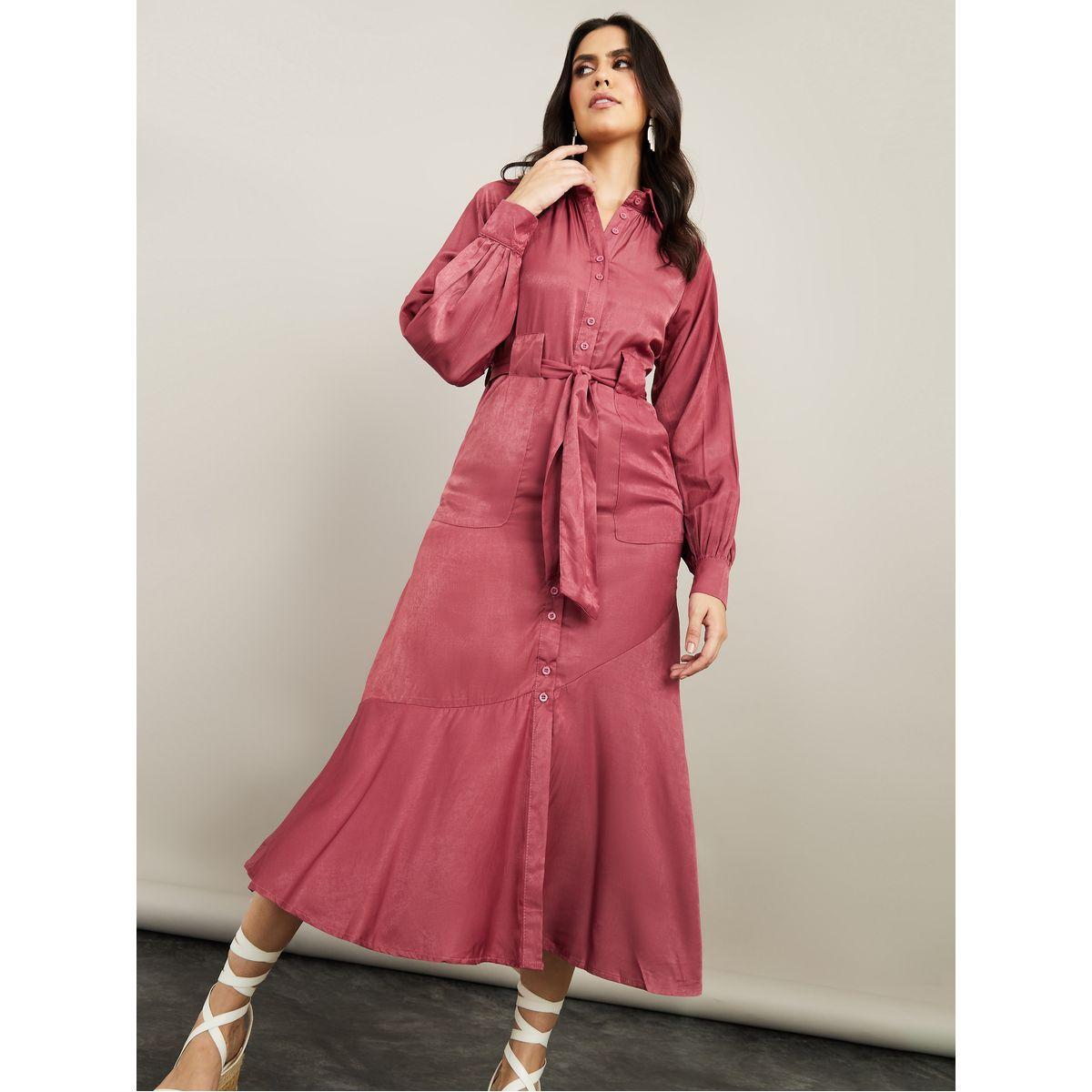 Styli Long Sleeves Front Button Detail Shirt Midi Dress with Tie Belt-women-clothing-dresses-image-2