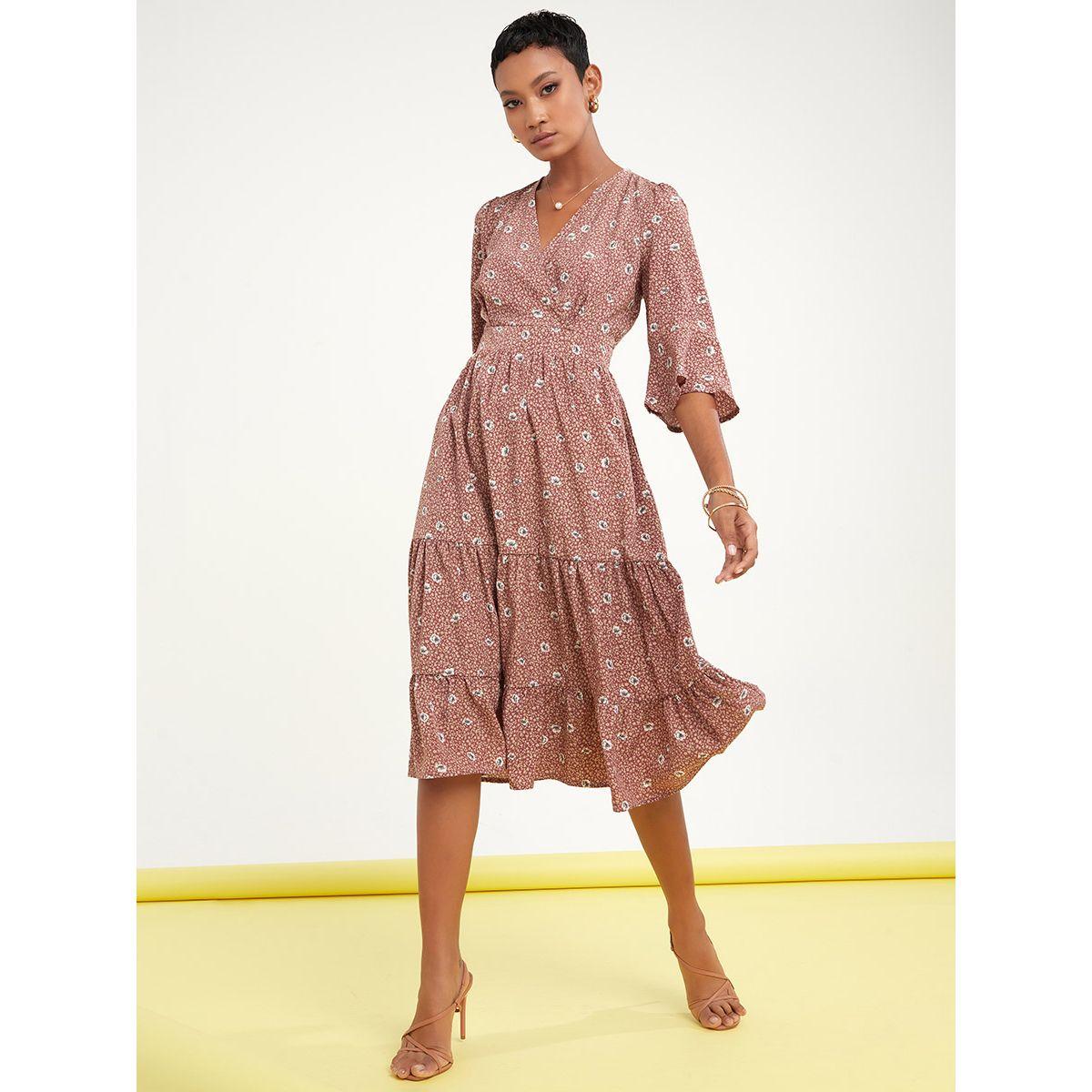 Styli 3/4 Sleeves Floral Print Tiered Midi Dress-women-clothing-dresses-image-1