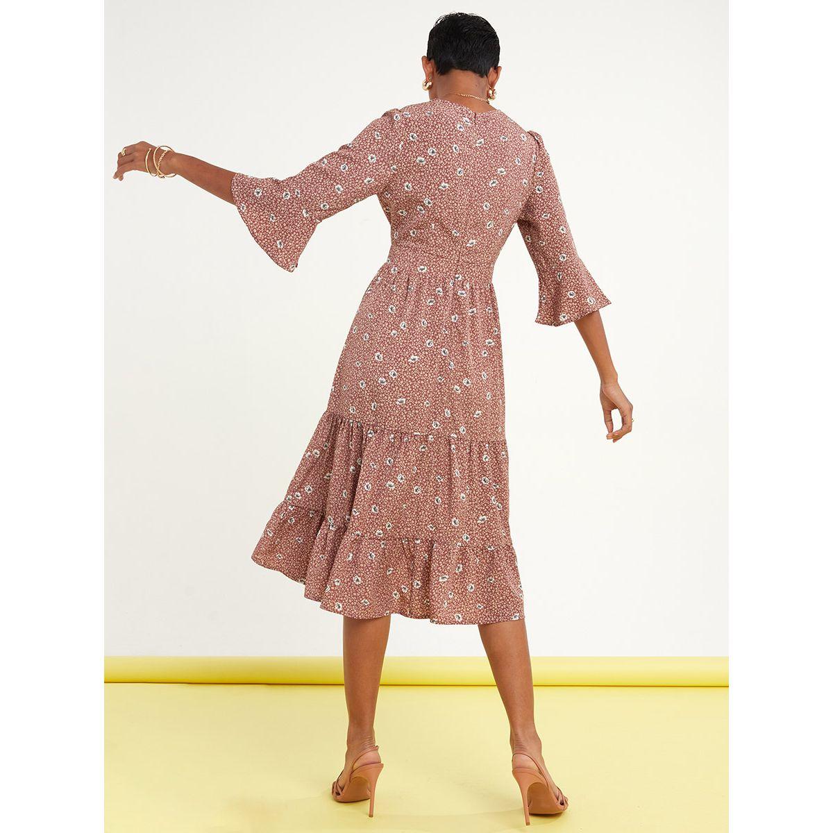 Styli 3/4 Sleeves Floral Print Tiered Midi Dress-women-clothing-dresses-image-4