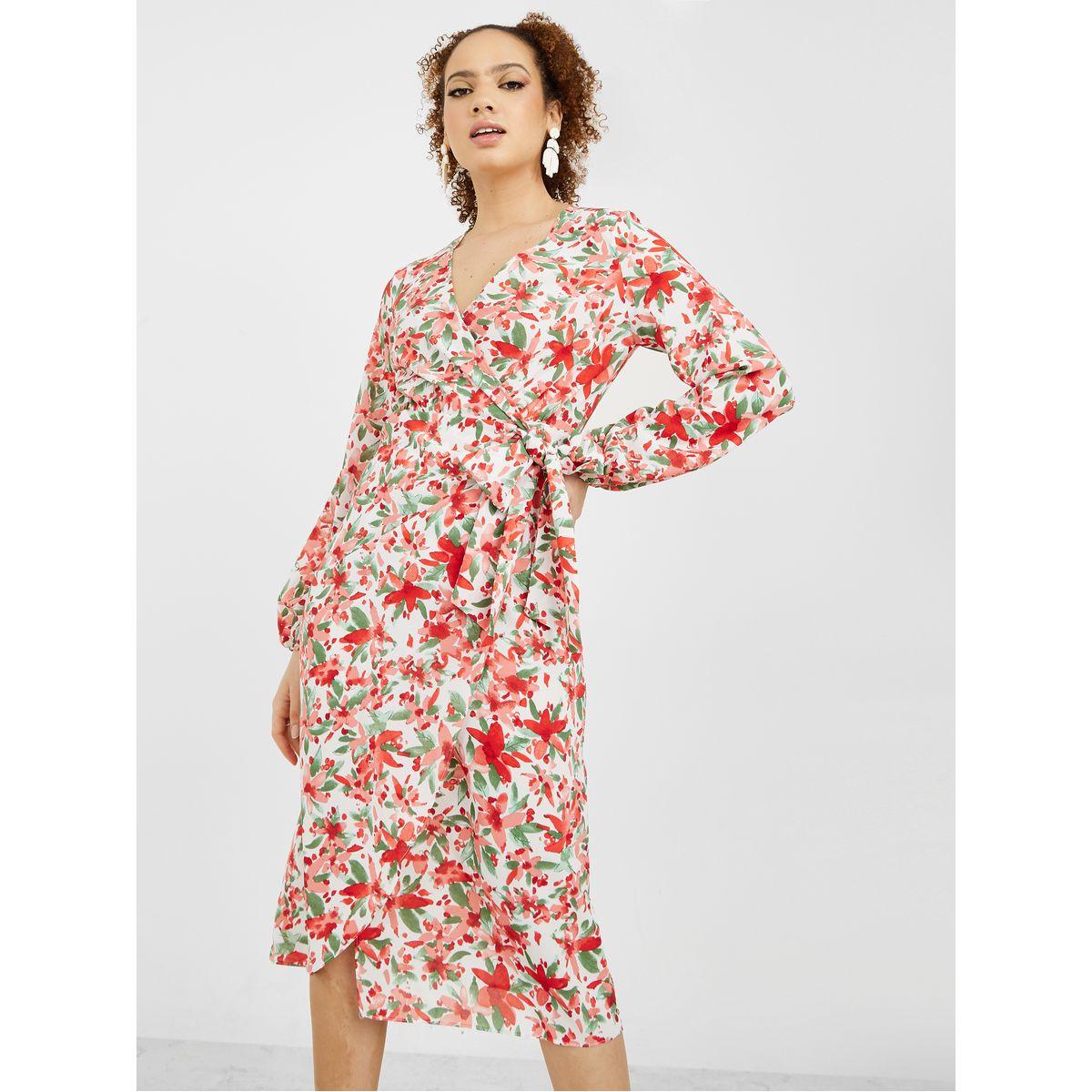 Styli Long Sleeves V Neck Floral Print Wrap Midi Dress-women-clothing-dresses-image-1