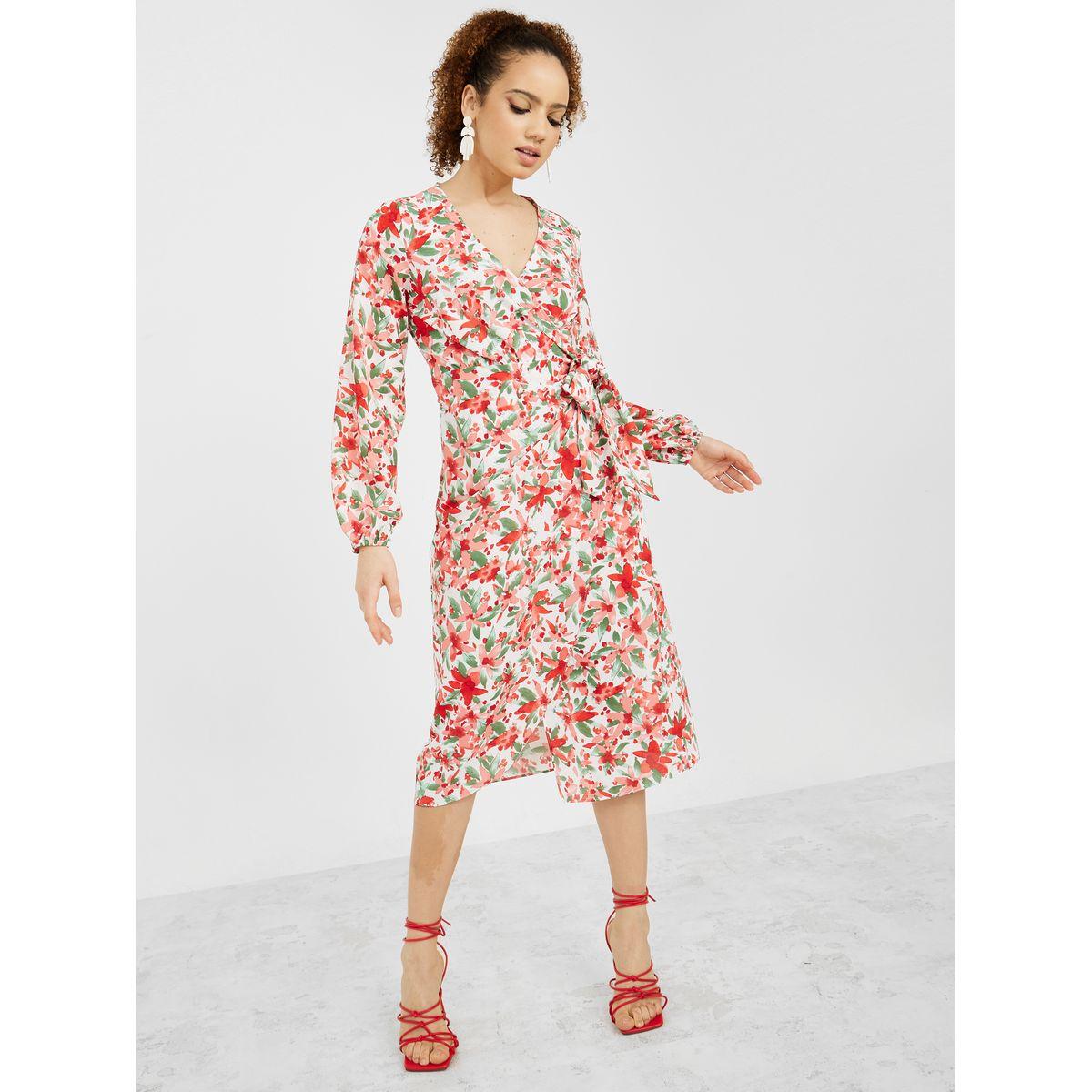 Styli Long Sleeves V Neck Floral Print Wrap Midi Dress-women-clothing-dresses-image-2
