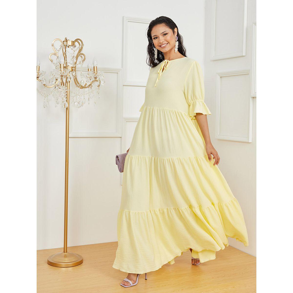 Styli Frill Cuff 3/4 Sleeves Tie-Up Neck Tiered Maxi Dress-women-clothing-dresses-image-1