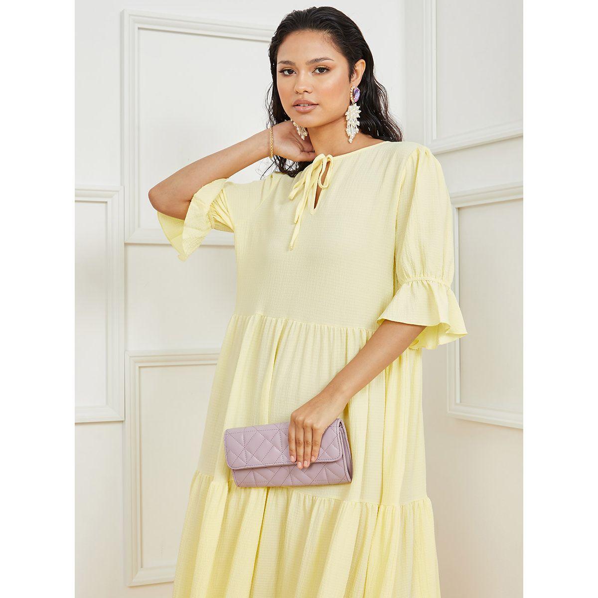 Styli Frill Cuff 3/4 Sleeves Tie-Up Neck Tiered Maxi Dress-women-clothing-dresses-image-2