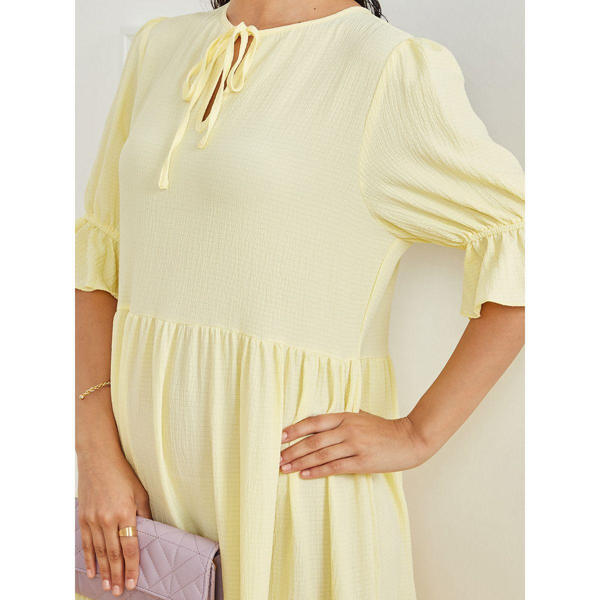 Styli Frill Cuff 3/4 Sleeves Tie-Up Neck Tiered Maxi Dress-women-clothing-dresses-image-3
