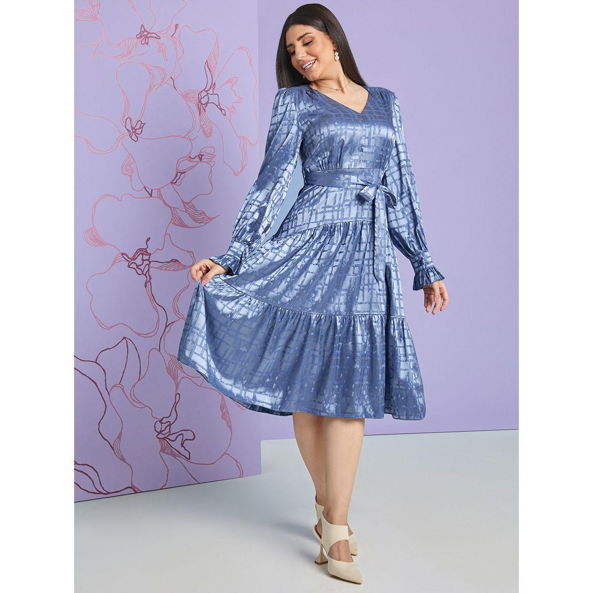 Styli Frill Cuff Long Sleeves Jacquard Tiered Midi Dress with Tie Belt-women-clothing-dresses-image-1