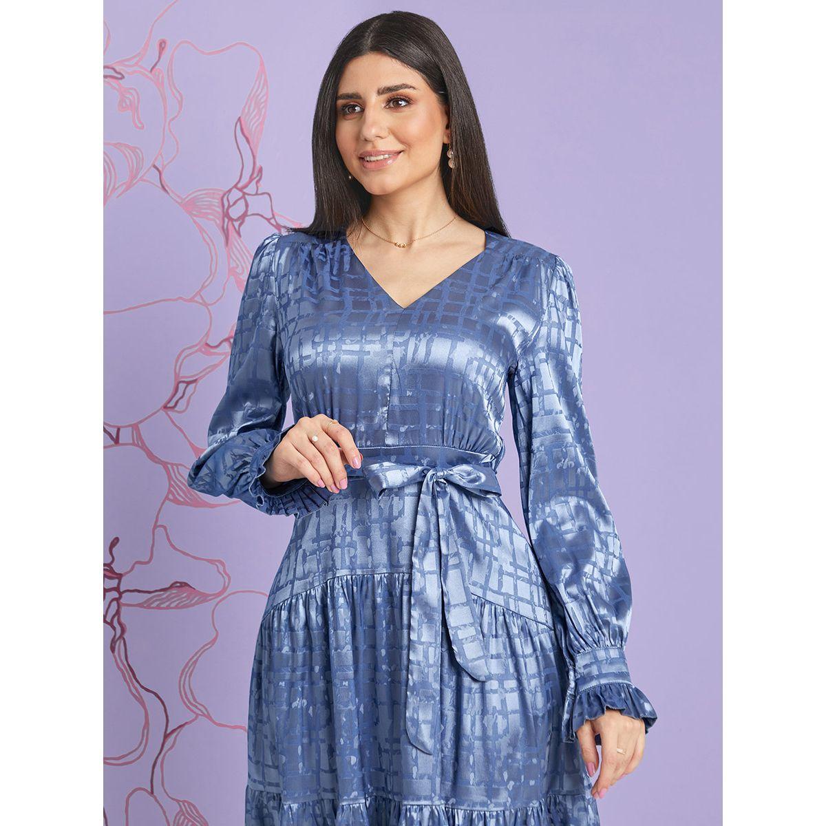 Styli Frill Cuff Long Sleeves Jacquard Tiered Midi Dress with Tie Belt-women-clothing-dresses-image-2
