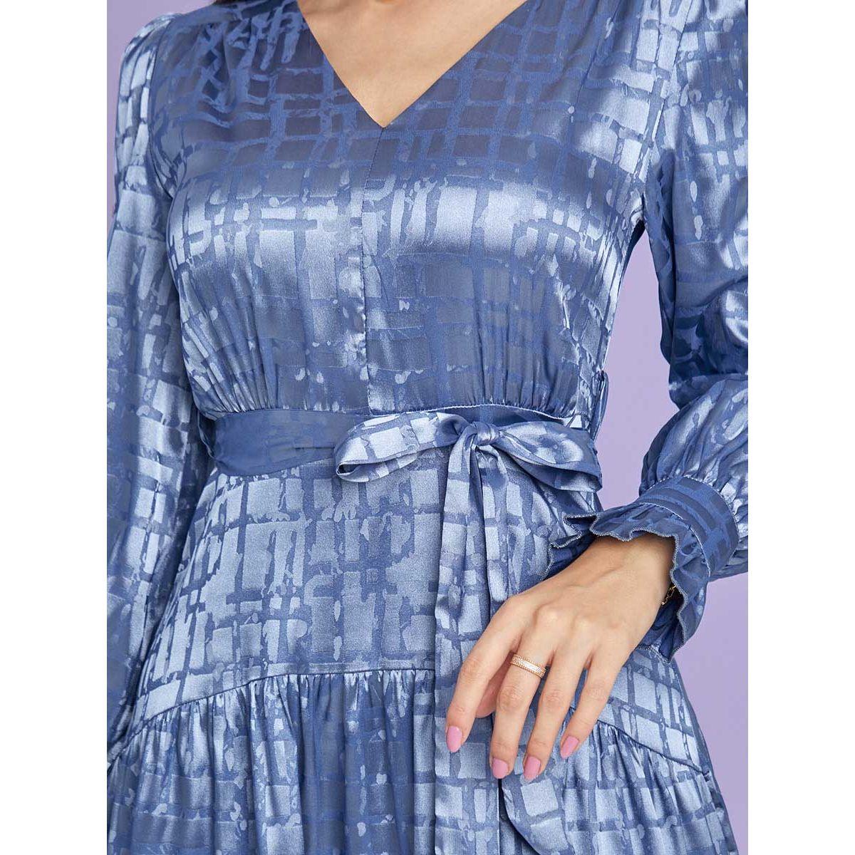 Styli Frill Cuff Long Sleeves Jacquard Tiered Midi Dress with Tie Belt-women-clothing-dresses-image-3