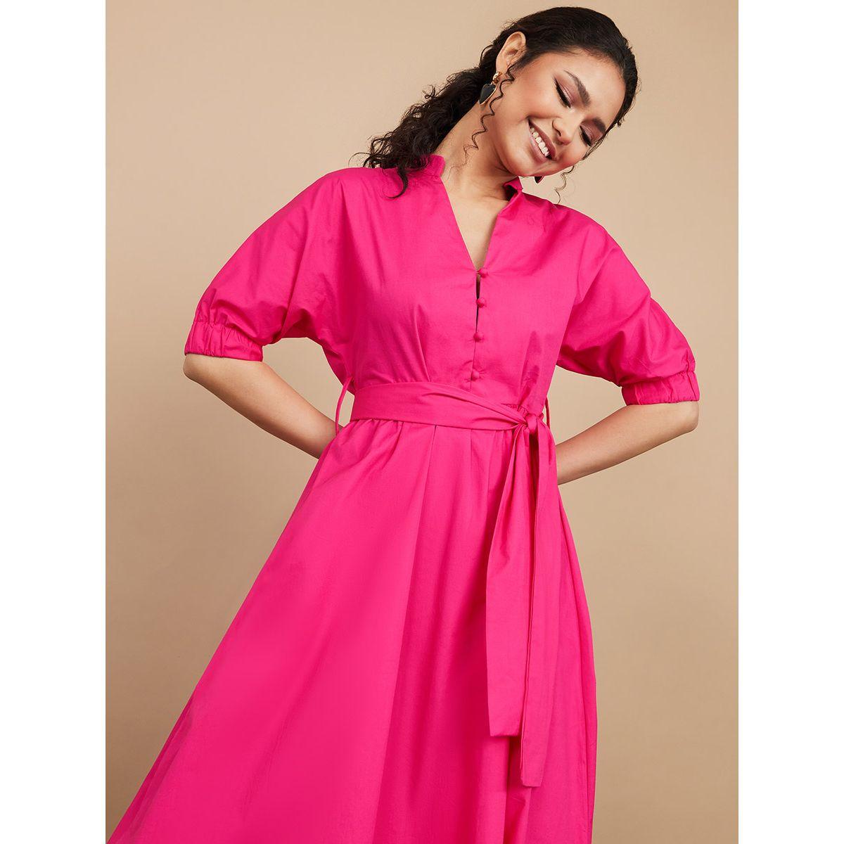 Styli Elbow Sleeves Cotton A-Line Maxi Dress with Notch Neck-women-clothing-dresses-image-2