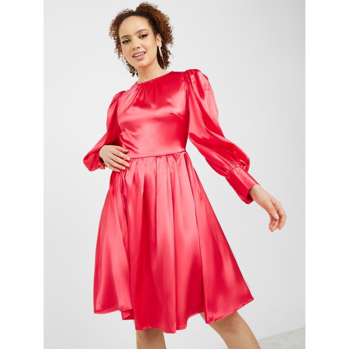 Styli Long Sleeves Round Neck Satin A-Line Knee Length Dress-women-clothing-dresses-image-1
