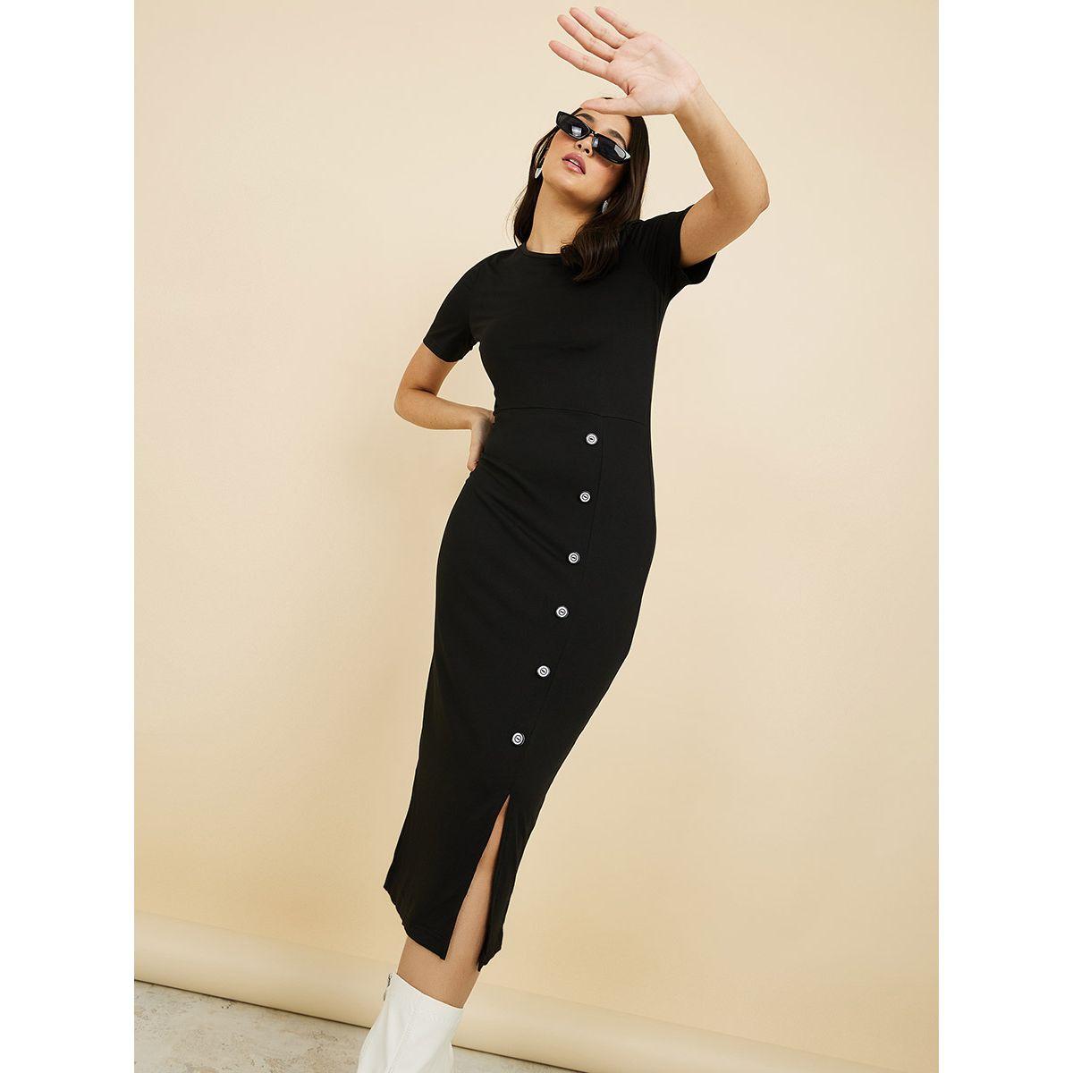 Styli Short Sleeves Front Button Detail Bodycon Midi Dress-women-clothing-dresses-image-1