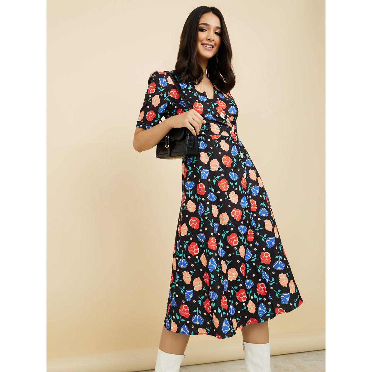 Styli Short Sleeves Floral Print Wrap A-Line Midi Dress-women-clothing-dresses-image-2