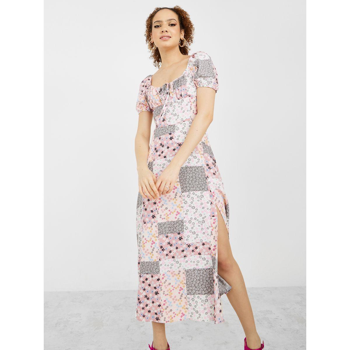Styli Off Shoulder Scarf Print A-Line Midi Dress with Slit Detail-women-clothing-dresses-image-1