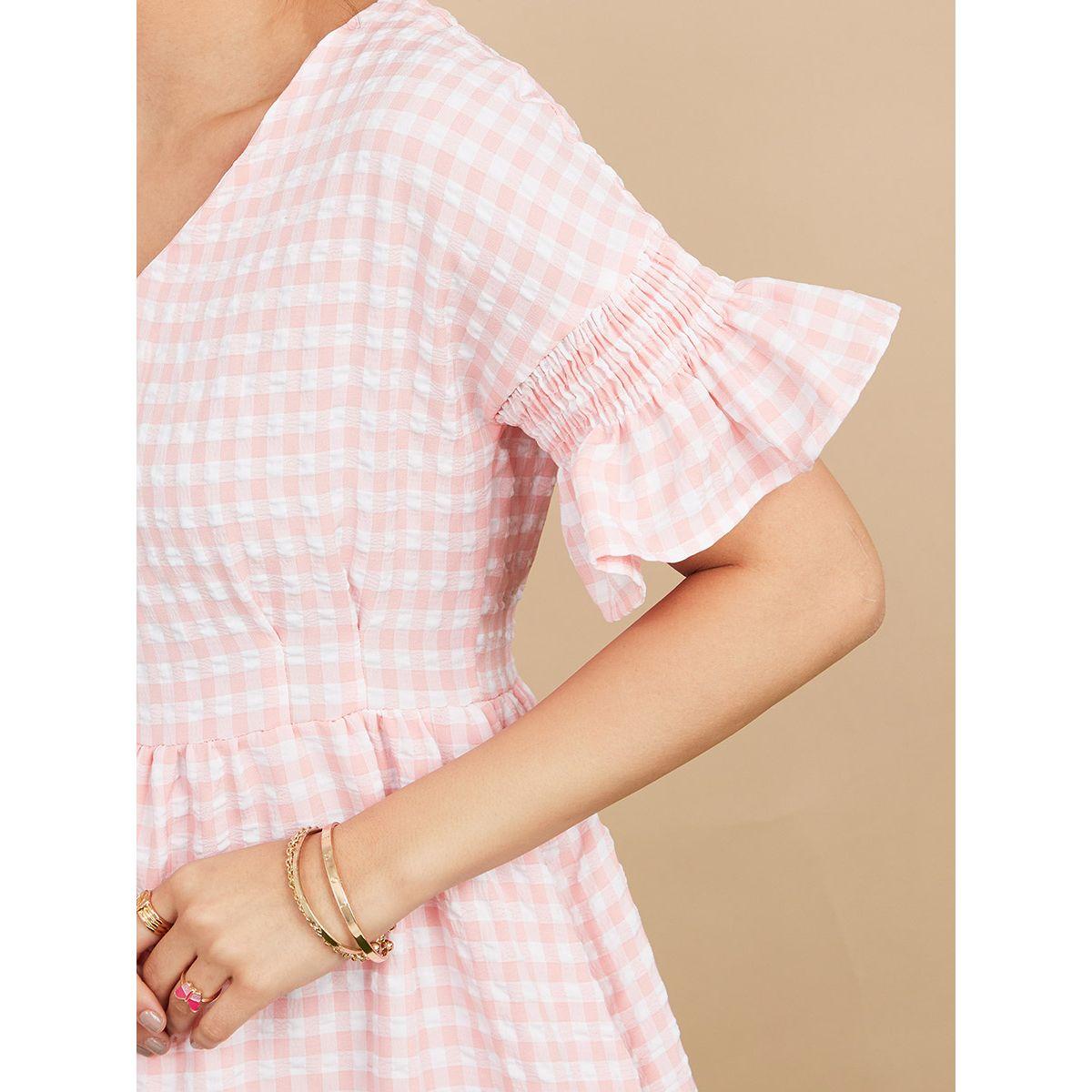 Styli Frill Cuff Sleeves Gingham A-Line Midi Dress with V Neck-women-clothing-dresses-image-3