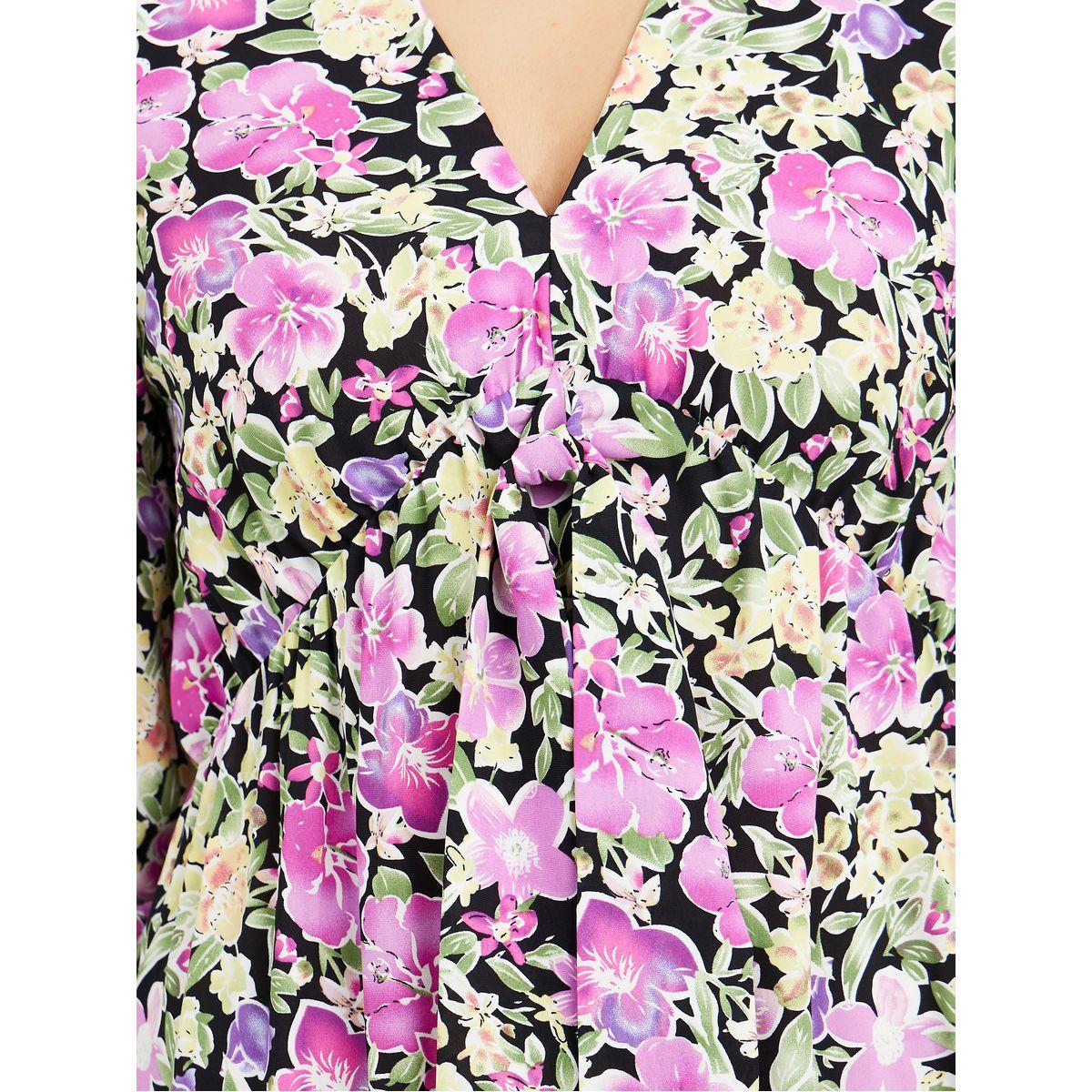 Styli V Neck Cuffed 3/4 Sleeves Floral Print Midi Dress-women-clothing-dresses-image-3