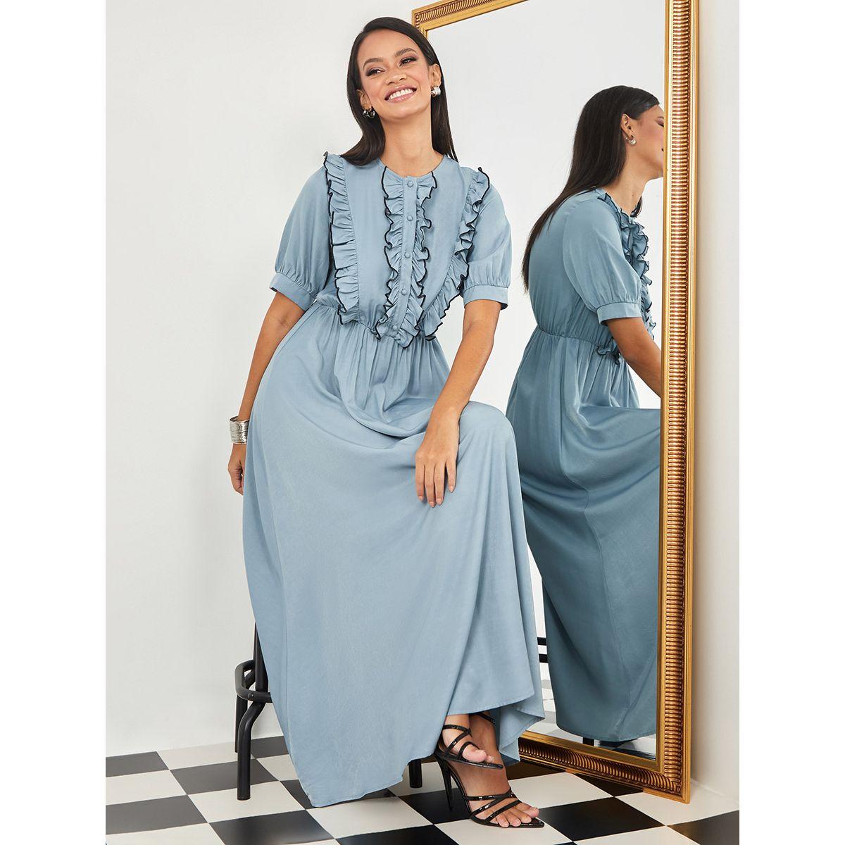Styli Short Sleeves Ruffle Detail A-Line Maxi Dress-women-clothing-dresses-image-1