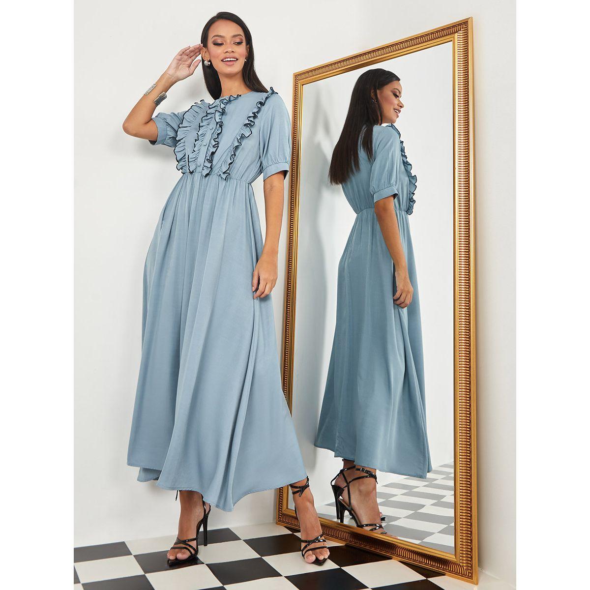 Styli Short Sleeves Ruffle Detail A-Line Maxi Dress-women-clothing-dresses-image-2