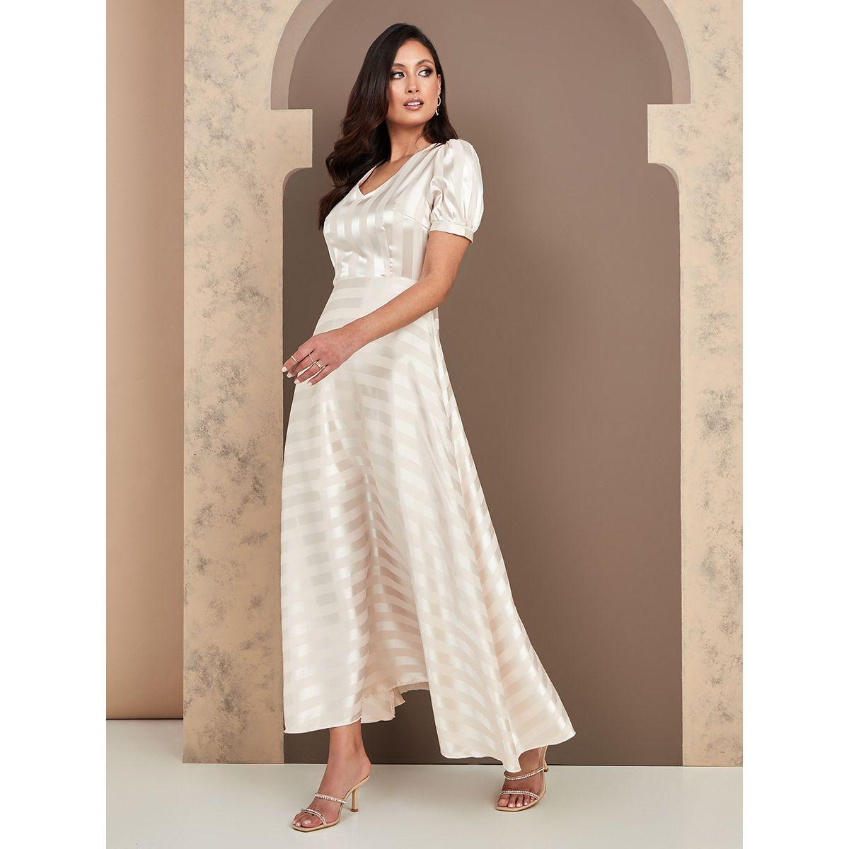 Styli Puff Short Sleeves V Neck Striped A-Line Maxi Dress-women-clothing-dresses-image-1