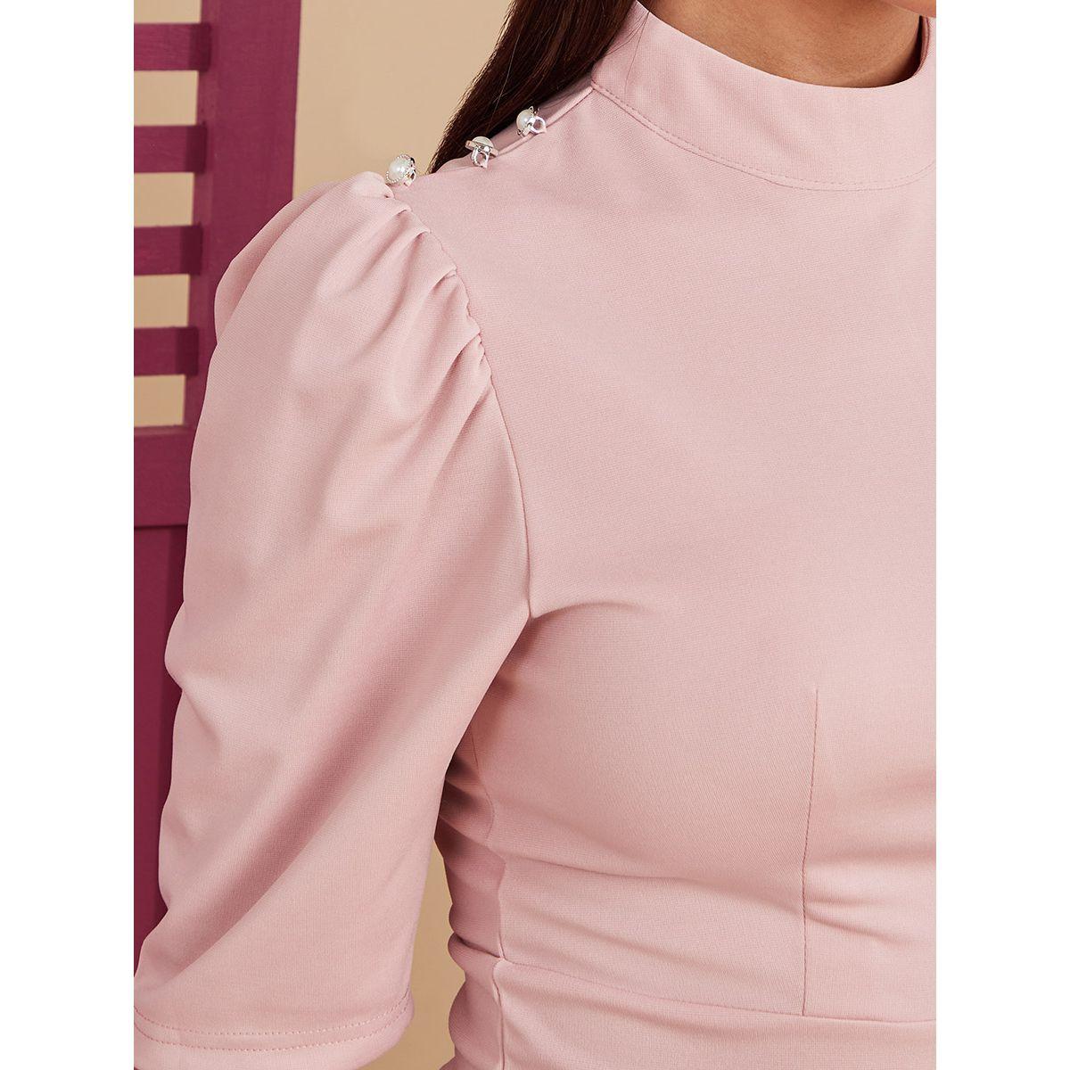Styli Short Puff Sleeves High Neck Bodycon Knee Length Dress-women-clothing-dresses-image-3