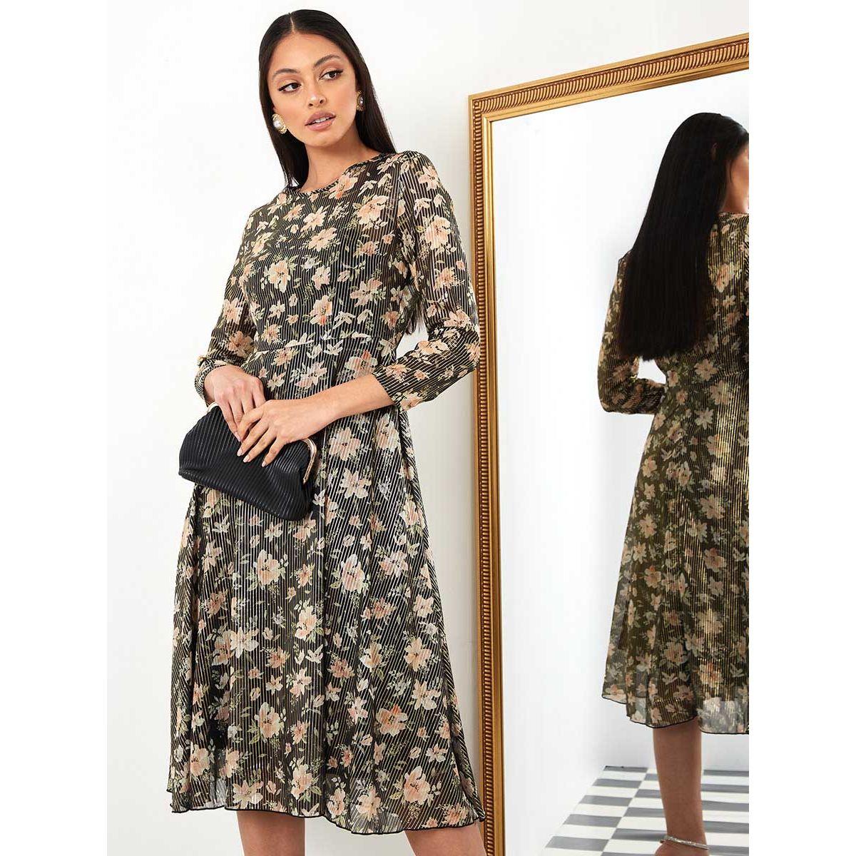 Styli 3/4 Sleeves Round Neck Floral Print A-Line Midi Dress-women-clothing-dresses-image-1