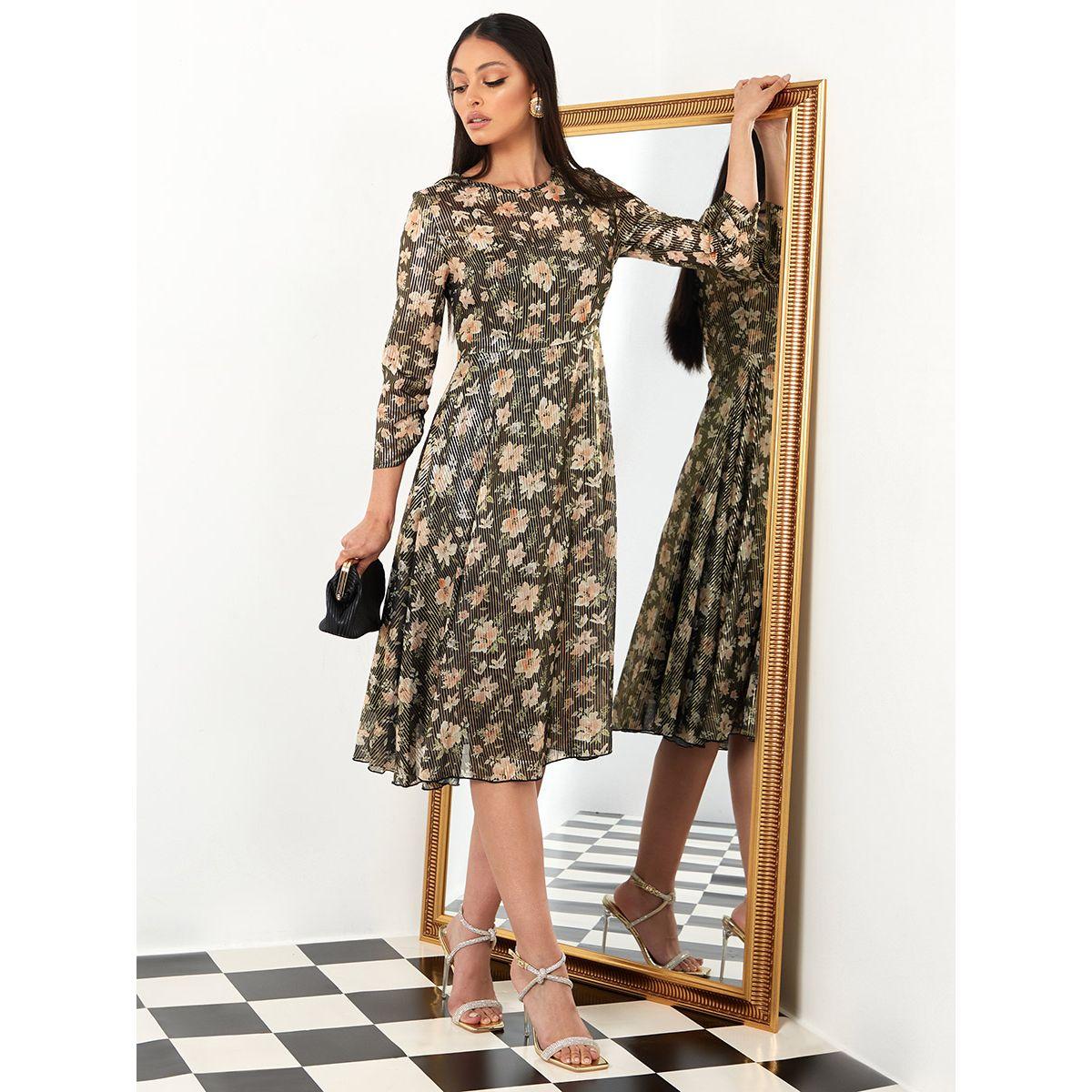 Styli 3/4 Sleeves Round Neck Floral Print A-Line Midi Dress-women-clothing-dresses-image-2