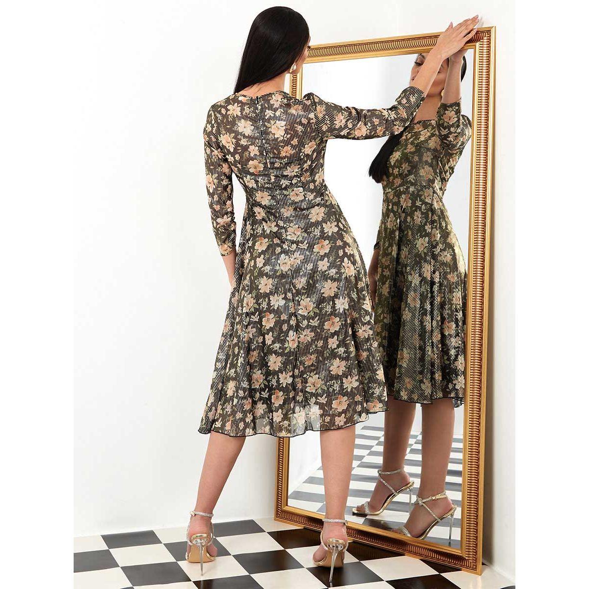Styli 3/4 Sleeves Round Neck Floral Print A-Line Midi Dress-women-clothing-dresses-image-4