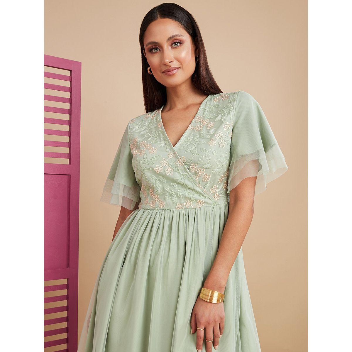 Styli Short Sleeves V Neck Embellished Mesh Insert A-Line Maxi Dress-women-clothing-dresses-image-2