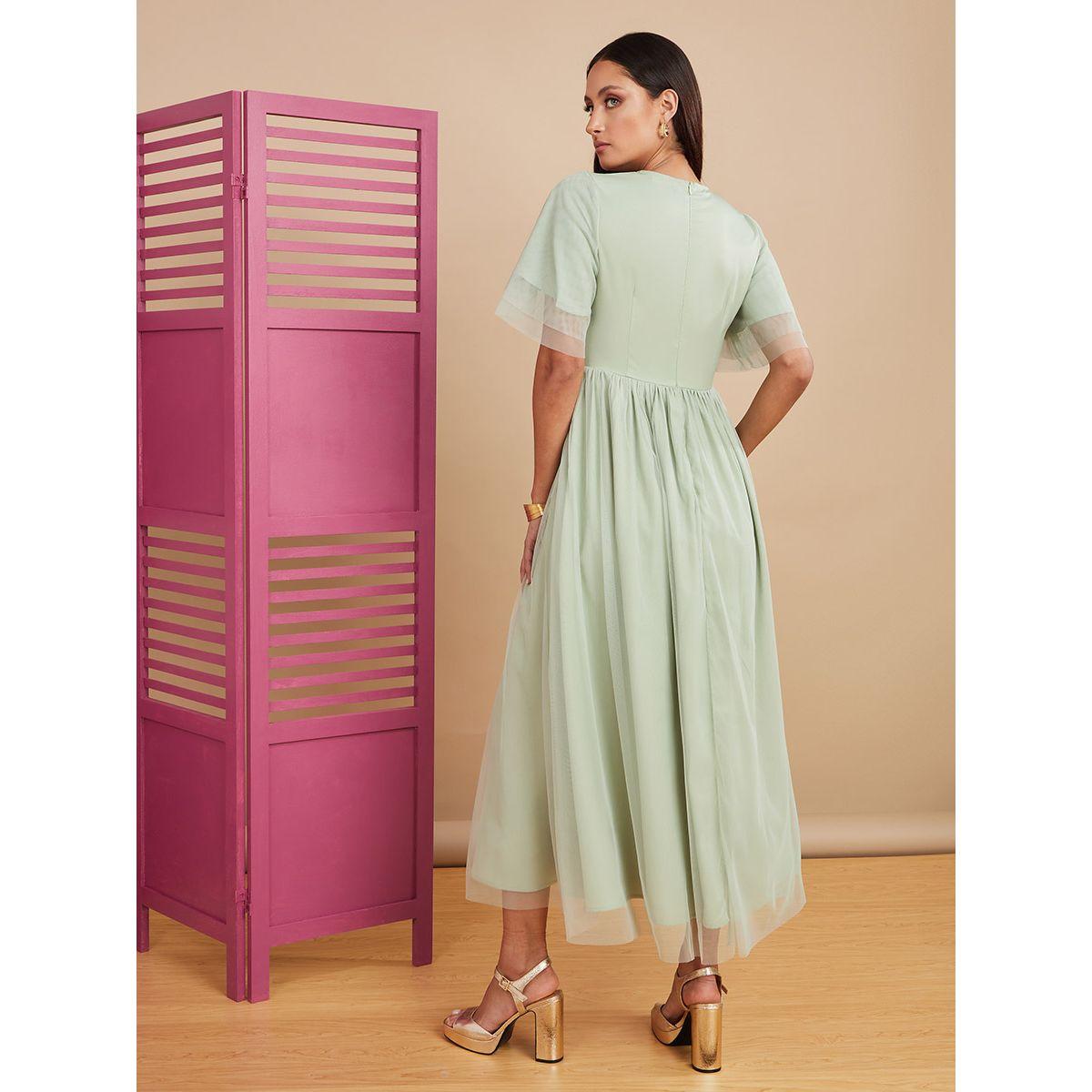 Styli Short Sleeves V Neck Embellished Mesh Insert A-Line Maxi Dress-women-clothing-dresses-image-4