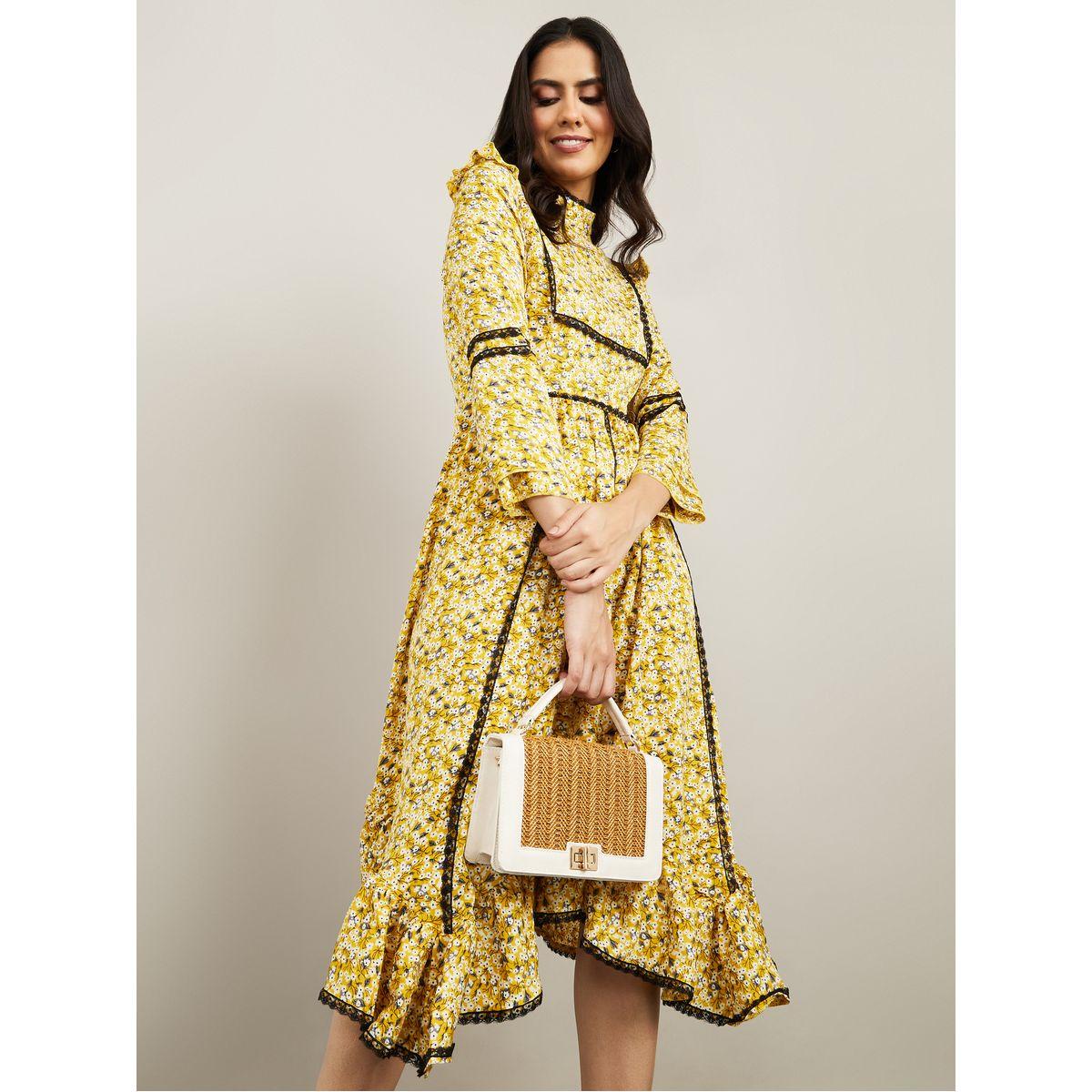 Styli 3/4 Sleeves High Neck Ditsy Print A-Line Midi Dress-women-clothing-dresses-image-1